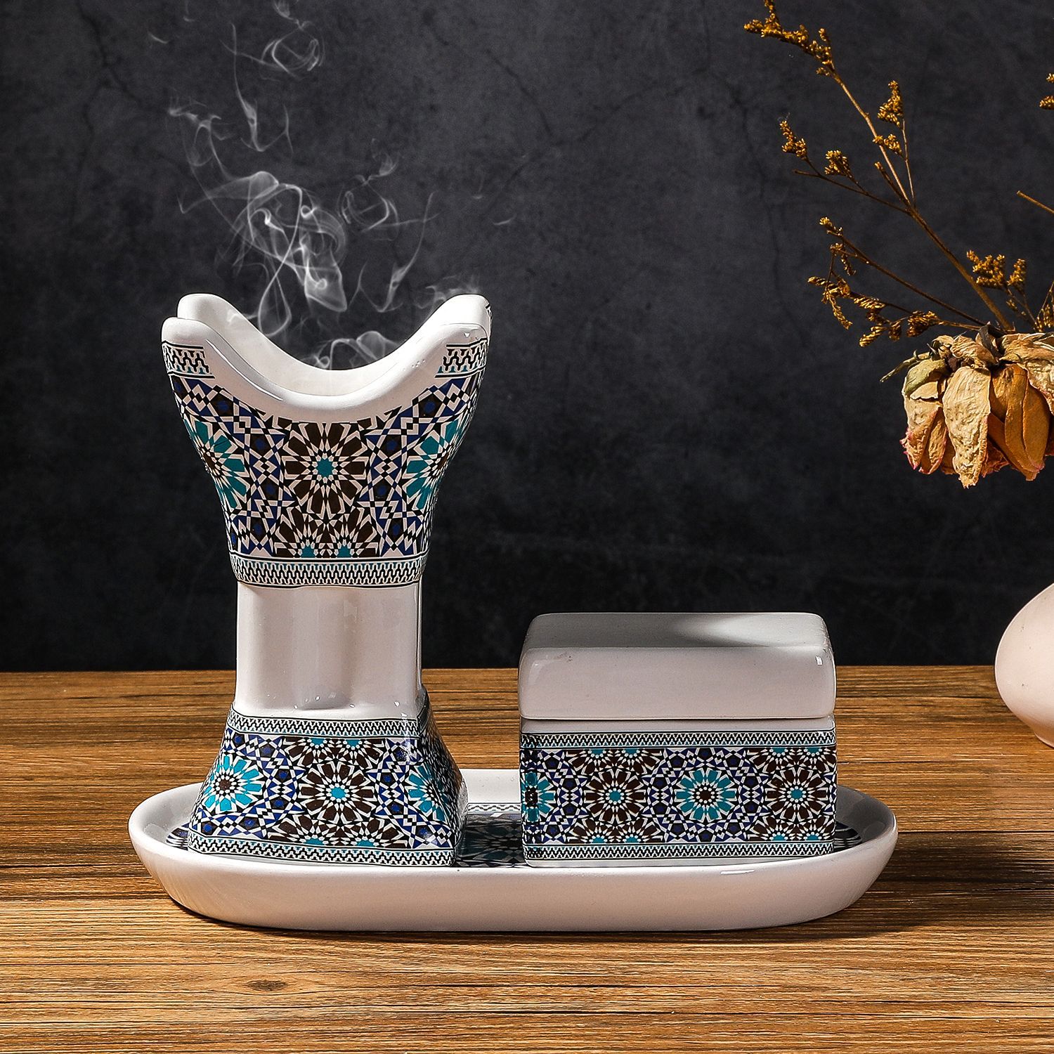 Incense Holder - Arabisch keramiek geprint vierhoekig wierookbrander set