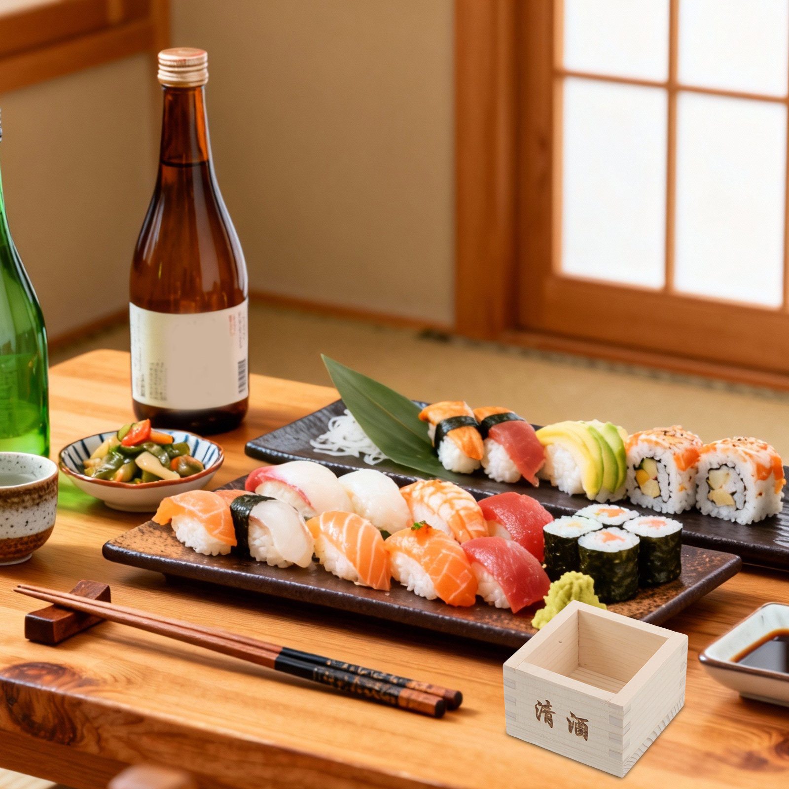 Japanese Restaurant Lifestyle - 2 stuks houten sake-doosjes, traditionele Japanse